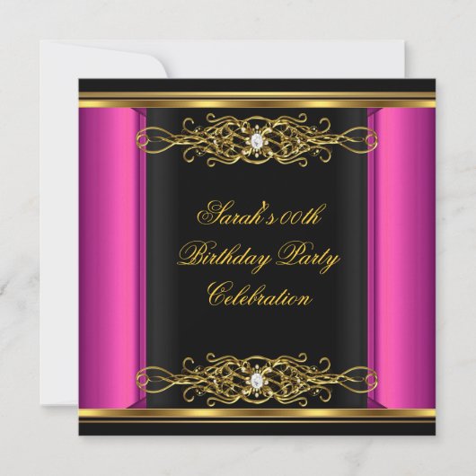 Hot Pink Elegant Birthday Black Gold Kaart (Voorkant)