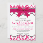 Hot Pink Elegant Damask Sweet Sixteen Uitnodiging (Voorkant)