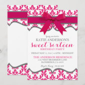 Hot Pink Elegant Damask Sweet Sixteen Uitnodiging (Voorkant / Achterkant)