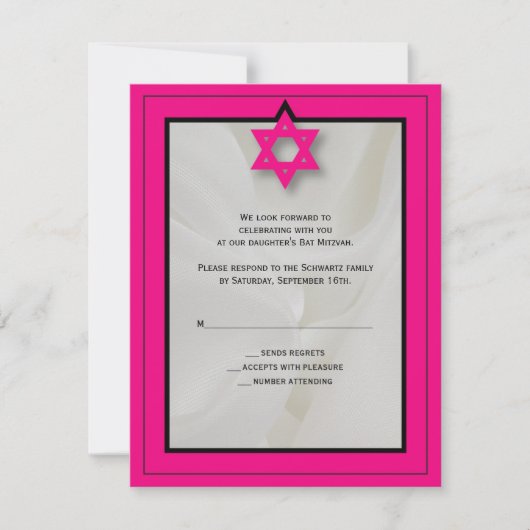 Hot Pink Elegant Fabric Bat Mitzvah RSVP Antwoord (Voorkant)