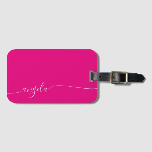 Hot Pink Elegant Glam Handtekening Stijl Naam Bagagelabel (Voorkant (horizontaal))