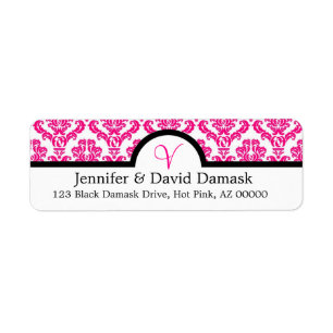 Hot Pink Elegant Monogram V Damask Etiket