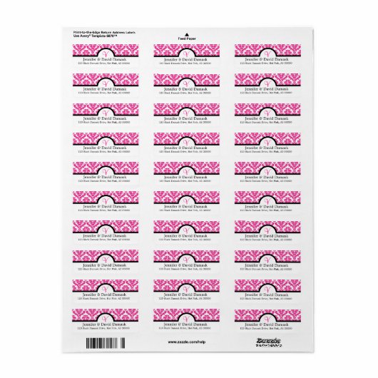 Hot Pink Elegant Monogram V Damask Etiket (Full Sheet)