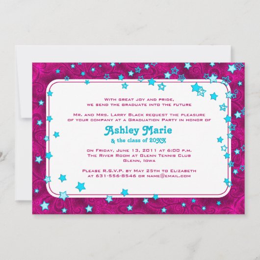 Hot Pink en Aqua Blue Stars Afstuderen Invitation Kaart (Voorkant)