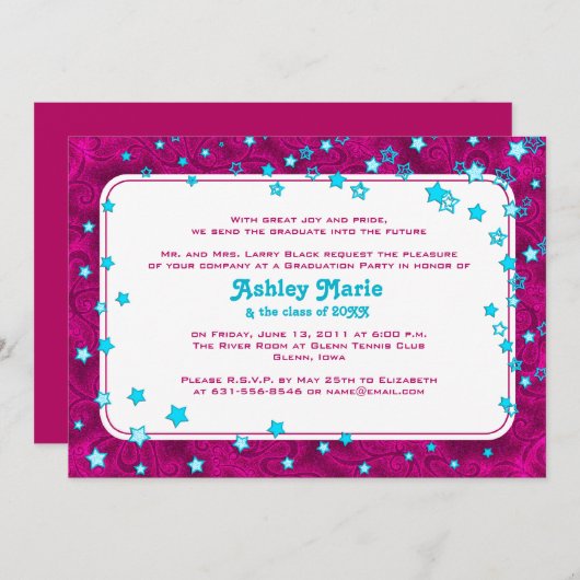 Hot Pink en Aqua Blue Stars Afstuderen Invitation Kaart (Voorkant / Achterkant)