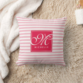 Hot Pink en Baby Pink Striped - Script Monogram Kussen