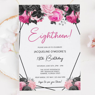 Hot Pink en Black 18th Birthday Invitation Kaart