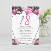 Hot Pink en Black 18th Birthday Kaart (Staand voorkant)