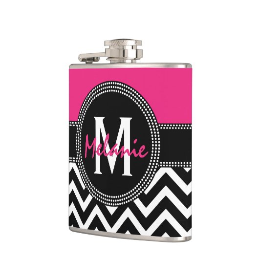 Hot Pink en Black 21st Birthday Chevron Monogram Heupfles (Links)