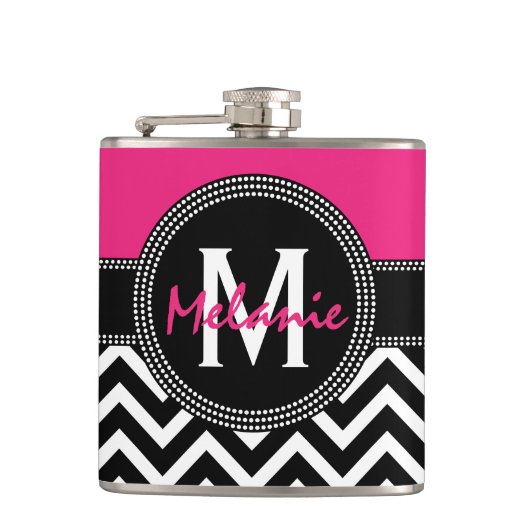 Hot Pink en Black 21st Birthday Chevron Monogram Heupfles (Voorkant)