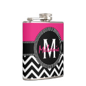 Hot Pink en Black 21st Birthday Chevron Monogram Heupfles (Rechts)