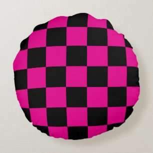 Hot Pink en Black Checkered Rond Kussen
