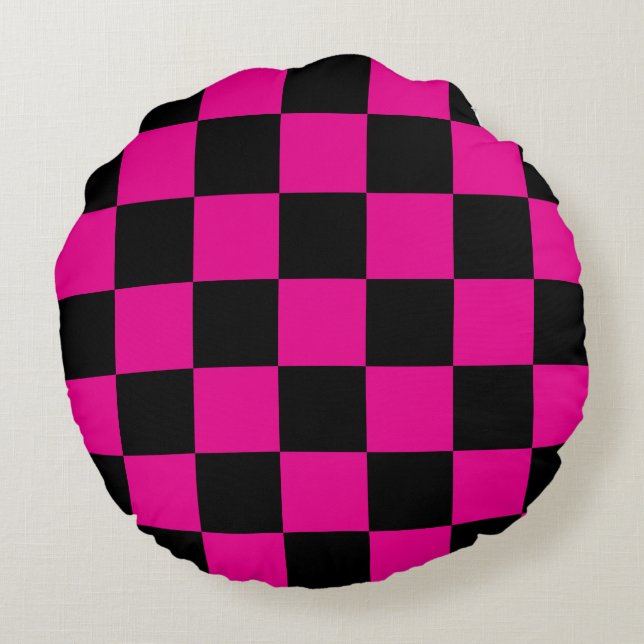 Hot Pink en Black Checkered Rond Kussen (Achterkant)