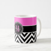 Hot Pink en Black Chevron Monogram Koffiemok (Voorkant rechts)