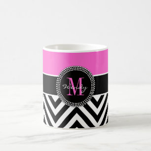 Hot Pink en Black Chevron Monogram Koffiemok