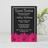 Hot Pink en Black Daisy Sweet 16 Kaart (Staand voorkant)