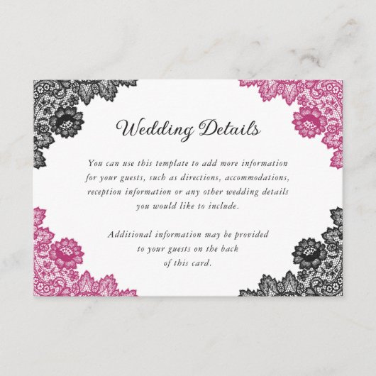 Hot Pink en Black Floral Lace Wedding Details Informatiekaartje (Voorkant)