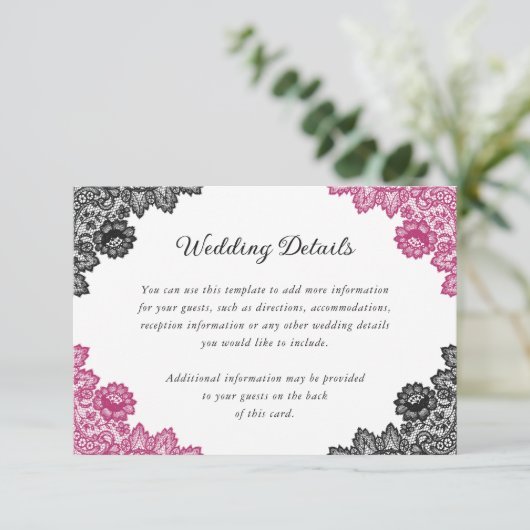 Hot Pink en Black Floral Lace Wedding Details Informatiekaartje (Staand voorkant)