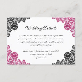 Hot Pink en Black Floral Lace Wedding Details Informatiekaartje