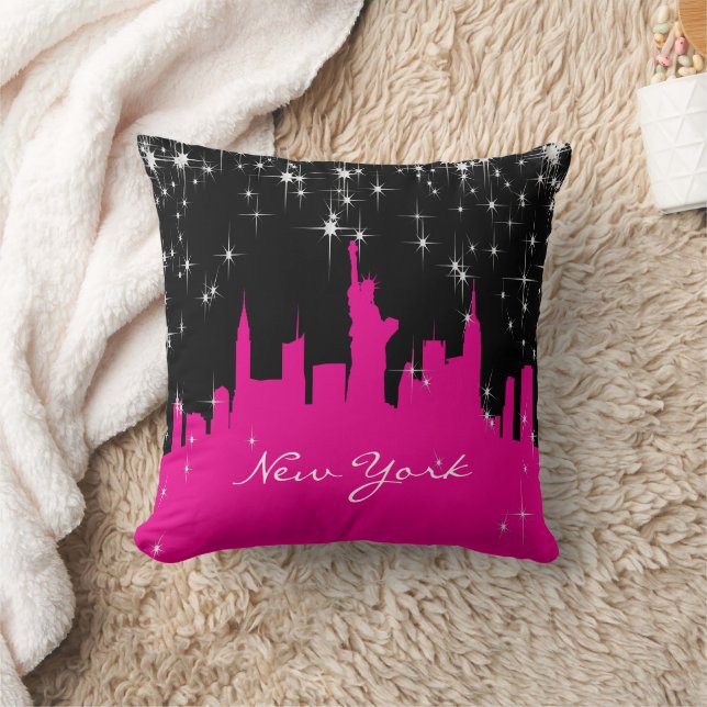 Hot Pink en Black New York Skyline Kussen (Deken)