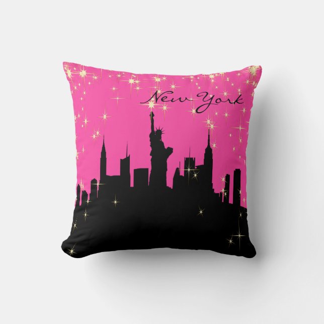 Hot Pink en Black New York Skyline Kussen (Voorkant)