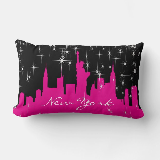 Hot Pink en Black New York Starry Skyline Kussen (Voorkant)