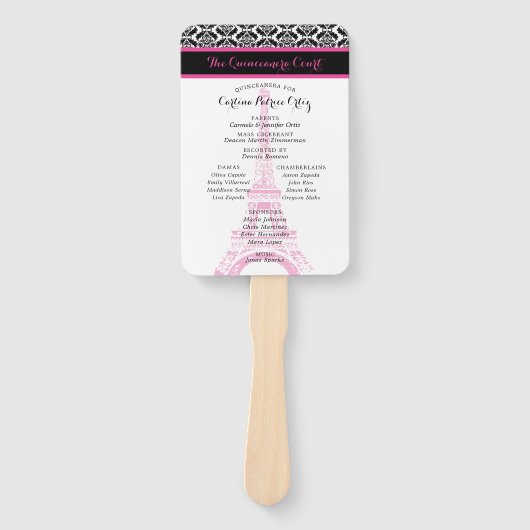 Hot Pink en Black Paris Quinceanera Programma Handwaaier (Voorkant)