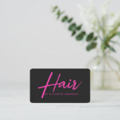 Hot Pink en Black Retro Script Haarstylist Visitekaartje (Staand voorkant)