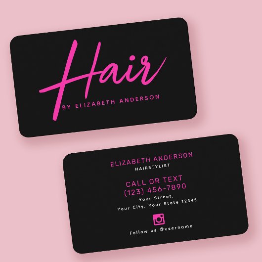 Hot Pink en Black Retro Script Haarstylist Visitekaartje