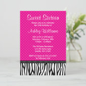 Hot Pink en Black Zebra Polka Dot Sweet 16 Kaart (Staand voorkant)