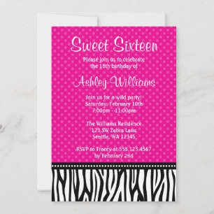Hot Pink en Black Zebra Polka Dot Sweet 16 Kaart