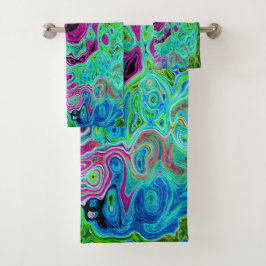 Hot Pink en Blue Groovy Abstract Retro Swirl Bad Handdoek