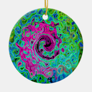 Hot Pink en Blue Groovy Abstract Retro Swirl Keramisch Ornament