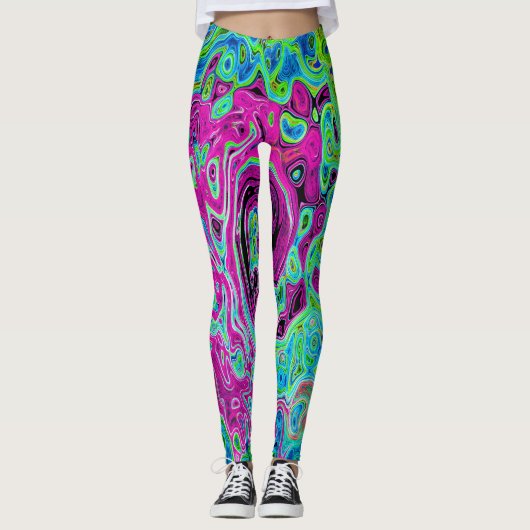 Hot Pink en Blue Groovy Abstract Retro Swirl Leggings (Voorkant)