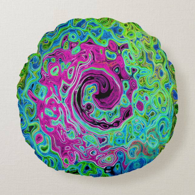 Hot Pink en Blue Groovy Abstract Retro Swirl Rond Kussen (Voorkant)