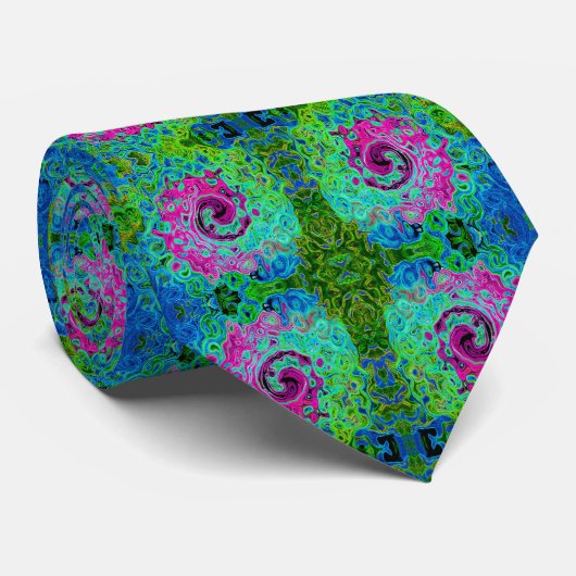 Hot Pink en Blue Groovy Abstract Retro Swirl Stropdas (Opgerold)