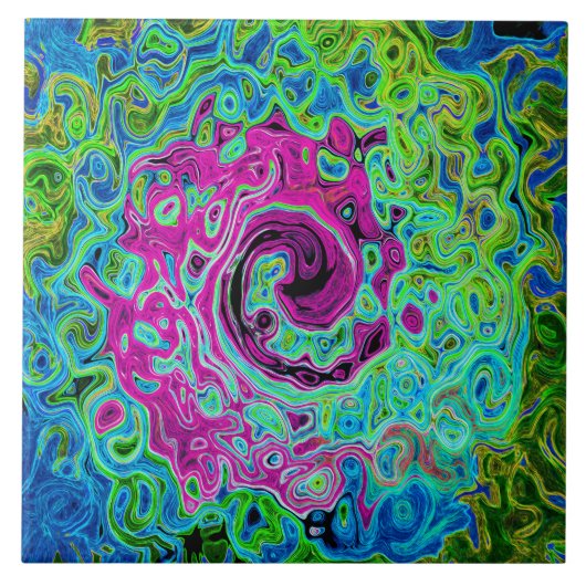 Hot Pink en Blue Groovy Abstract Retro Swirl Tegeltje (Voorkant)