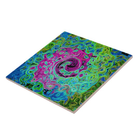 Hot Pink en Blue Groovy Abstract Retro Swirl Tegeltje (Zijkant)
