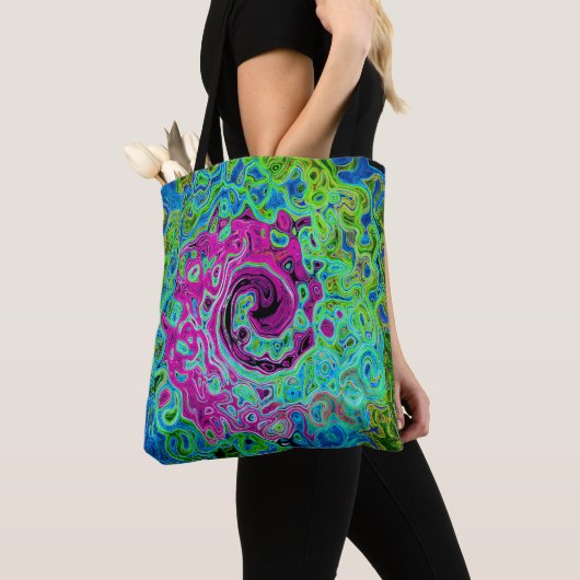 Hot Pink en Blue Groovy Abstract Retro Swirl Tote Bag (Dichtbij)