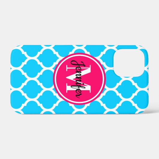 Hot Pink en Bright Aqua Trellis Monogram Case-Mate iPhone Case (Achterkant (horizontaal))