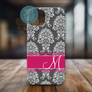 Hot Pink en Charcoal Damask Patroon met Monogram iPhone 15 Case