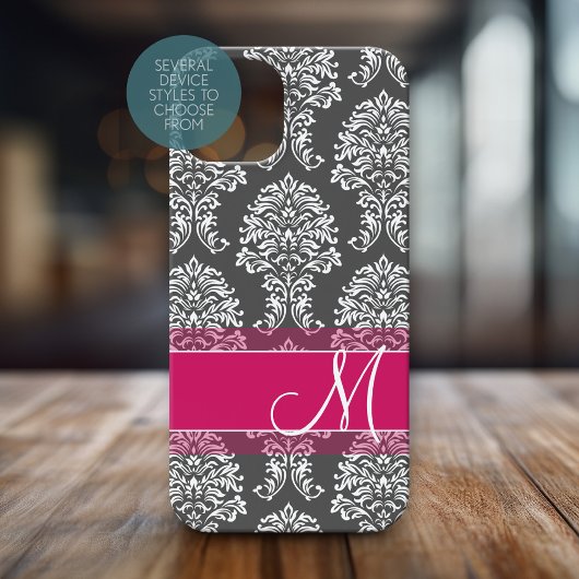 Hot Pink en Charcoal Damask Patroon met Monogram Case-Mate iPhone Case