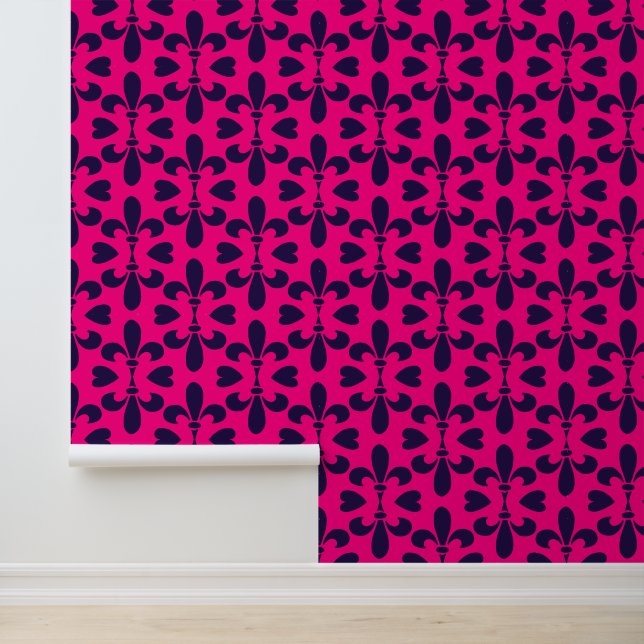 Hot Pink en Deep Blue Fleur De Lys Patroon Behang (Applicatie)