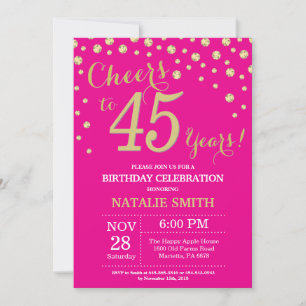 Hot Pink en Gold 45th Birthday Diamond Kaart