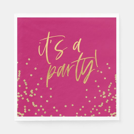 Hot Pink en Gold Confetti Party Servet (Voorkant)