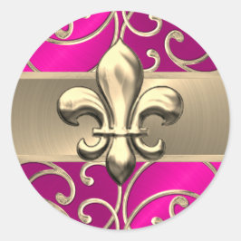Hot Pink en Gold Filigree Swirls Fleur de Lis Ronde Sticker