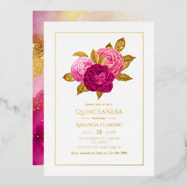 Hot-Pink en Gold Floral Quinceañera Folie Uitnodiging