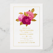 Hot-Pink en Gold Floral Quinceañera Folie Uitnodiging (Voorkant)