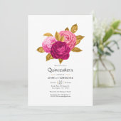 Hot-Pink en Gold Floral Quinceañera Foto Invitat Kaart (Staand voorkant)