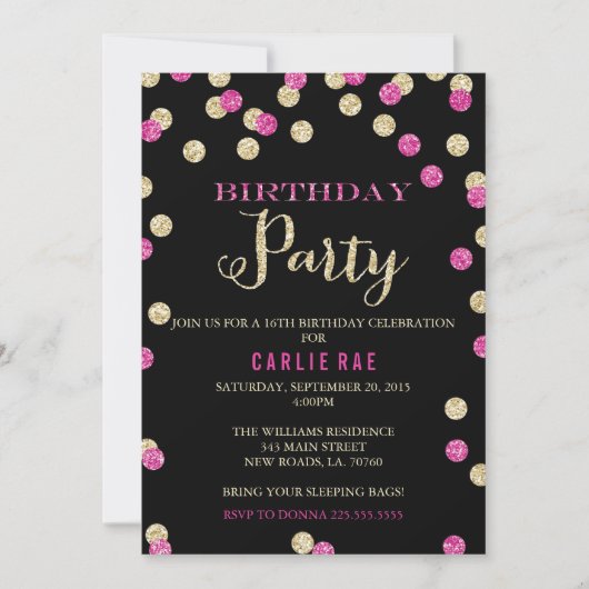 'Hot Pink' en 'Gold Glitter Birthday'-uitnodiginge Kaart (Voorkant)